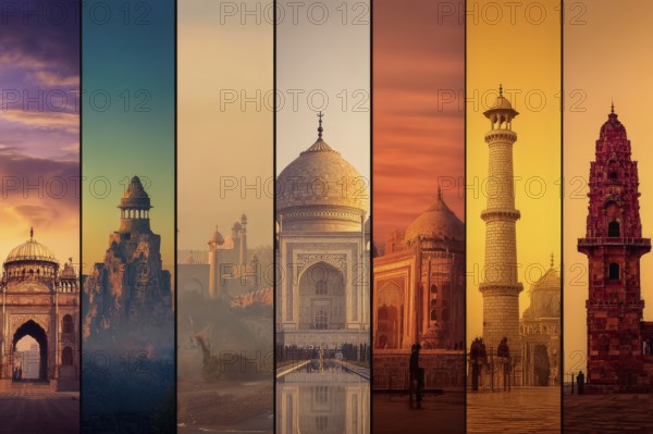 Collage of churches, mosques and hindu temples. Concept of travel and sightseeing, AI generated
