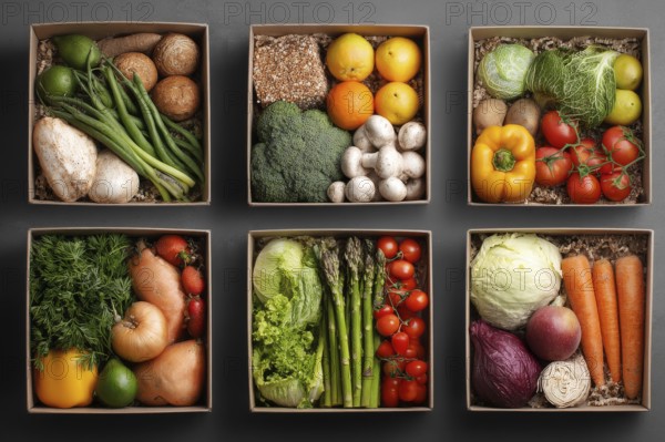 Collage of boxes with healthy food for various diets that improve digestive and heart health, AI generated