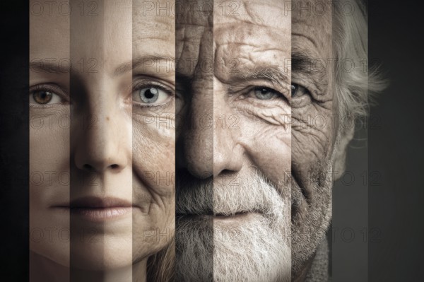 Collage of a face of the same person aging from young to old, AI generated