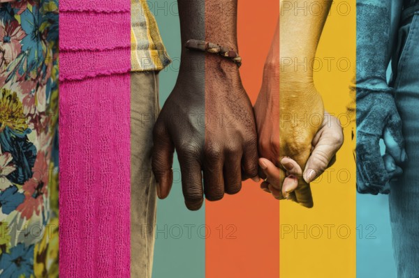 Collage of diverse lovers holding hands together. Concept of love devotion and family values, AI generated