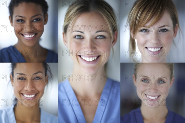 Collage of hospital nurses and medical professionals smiling. Concept of hospitality and excellent service, AI generated