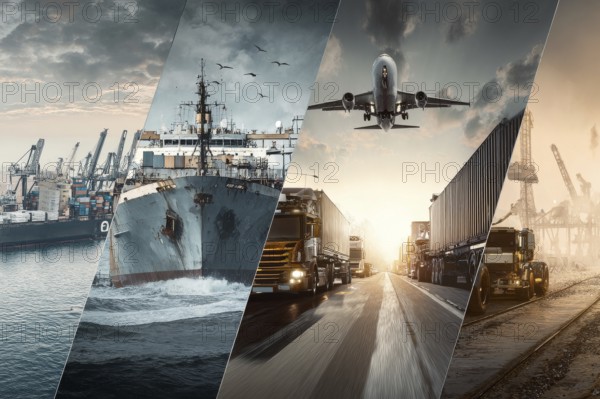 Collage of different methods of sea and ground transportation networks. International corporations and global commerce and trade network, AI generated