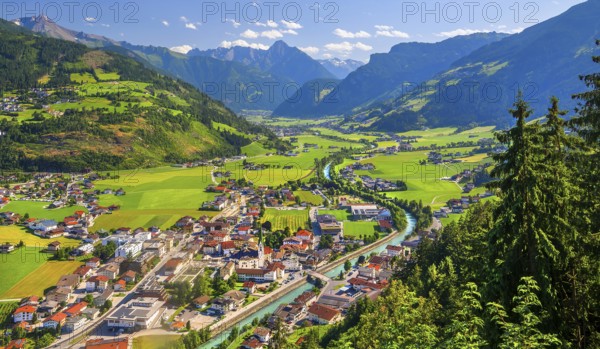View of the village and valley with the Ahornspitze 2973m, Zell am Ziller, Zillertal, Zillertal Alps, Tyrol, Austria
