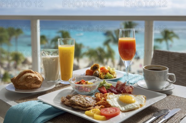 Breakfast in bed on vacation at a luxury hotel room with beautiful ocean view, AI generated