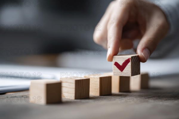 Checklist and task progress tracking concept. A hand placing the final checkmark on wooden blocks in a progress bar, AI generated