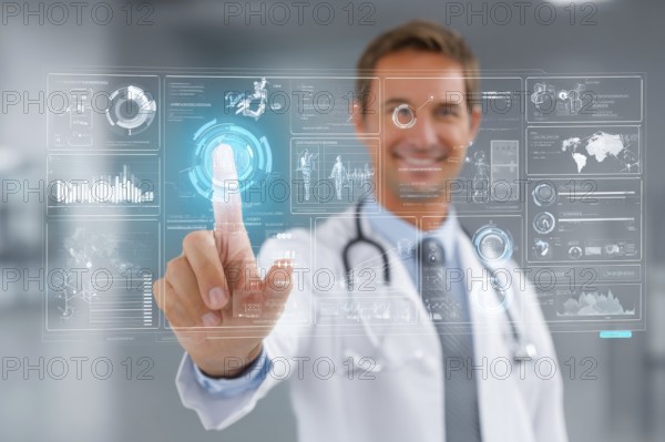 Doctor touching a medical interface in the hospital. Concept of new medical technologies and research and development in advanced medical facility, AI generated