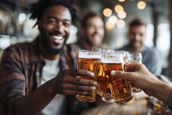 Cheerful man and his friends toast with beer while gathering in bar for the celebration event, AI generated