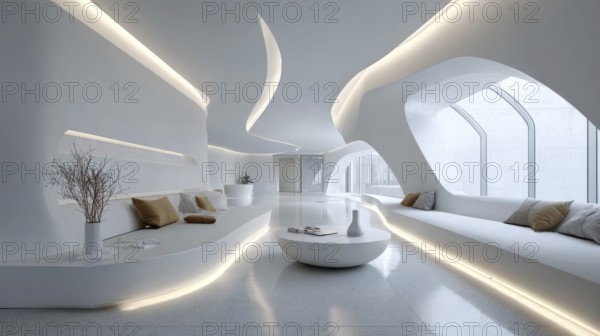 Bright futuristic living room with curved built-in sofa, oval windows create a glowing ambiance. Modern and minimal design, AI generated