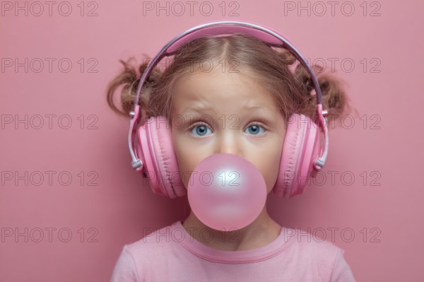 Child in a big headphones and bubble gum, AI generated