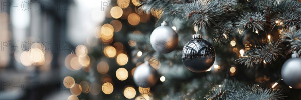 Christmas Tree With Baubles, holiday season and holiday greetings. Happy family time, AI generated