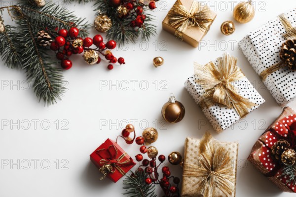 Christmas and New Year holiday background. Xmas greeting card and gifts on white background top view flat lay, AI generated