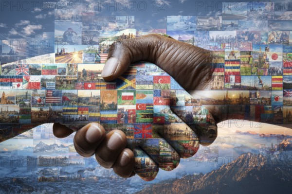 Collage and culture and business cooperation between governments. Shaking hands covered in international country flags, AI generated