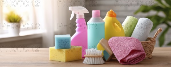 Cleaning set with products and tools on kitchen table, AI generated