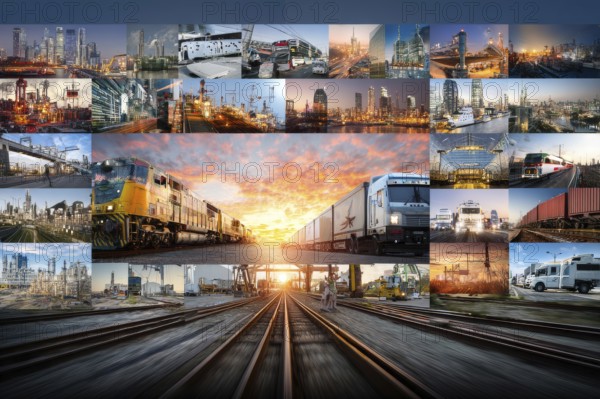 Collage international interconnected transportation businesses.Global trade and commerce of international corporations, AI generated