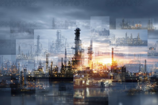 Collage of industrial factories and warehouses. Illustration of global international trade and commerce, AI generated