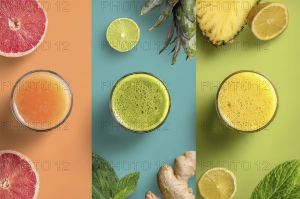 Collage healthy organic juices that improve digestion health and heart health, AI generated