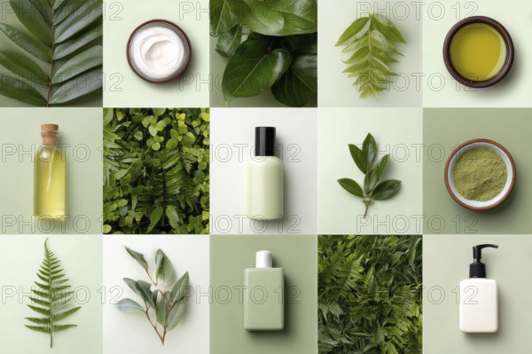 Collage of healthy organic cosmetics and makeup, AI generated