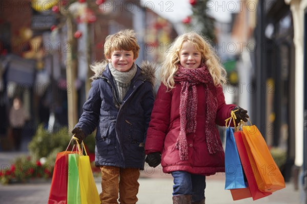 Children with colourful shopping bggs, AI generated