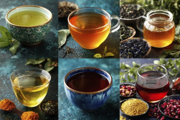 Collage healthy organic tea and healthy drinks, AI generated