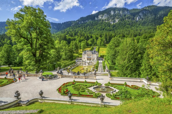 Baroque gardens at the Temple of Venus with a view of the water parterre and Linderhof Palace, Ettal, Ammertal, Upper Bavaria, Bavaria, Germany, UNESCO World Heritage Site
