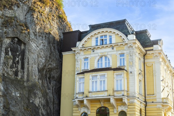 Hotel Elizabeth with relief by Jan Jiskra on the castle hill in Trencin, Capital of Culture 2026, Trencín, Slovakia