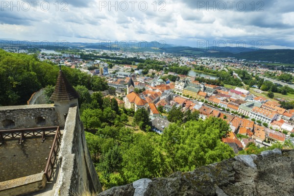 View from the castle of the town of Trencín, the parish church of the Nativity of the Virgin Mary and the Neolog Synagogue as well as the old town centre of Trencin, Capital of Culture 2026, Trencín, Slovakia