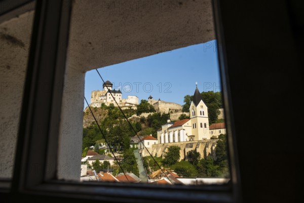 View of Trencín Castle, St Mary's Castle and the old town centre from the town tower, Capital of Culture 2026, Trencín, Slovakia
