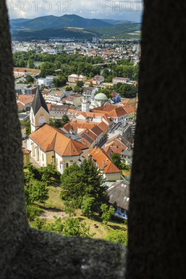 View from the castle of the town of Trencín, the parish church of the Nativity of the Virgin Mary and the Neolog Synagogue as well as the old town centre of Trencin, Capital of Culture 2026, Trencín, Slovakia
