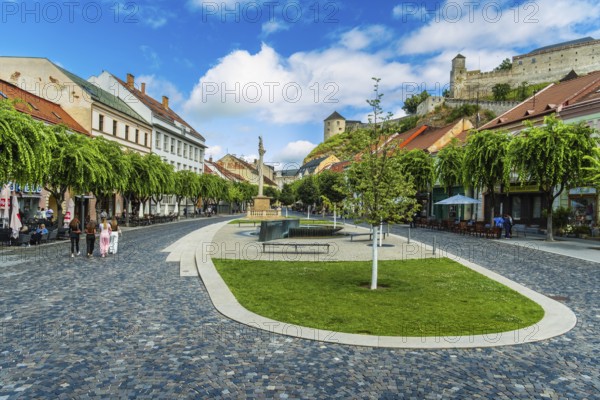 The Peace Square in the old town centre of Trencín, Trencín Castle in the background, Capital of Culture 2026, Trencín, Slovakia
