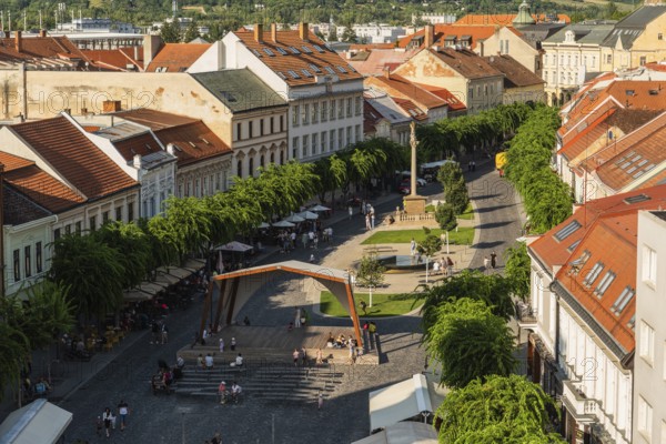 View from the city tower to the old town centre with plague column column, Capital of Culture 2026, Trencín, Slovakia