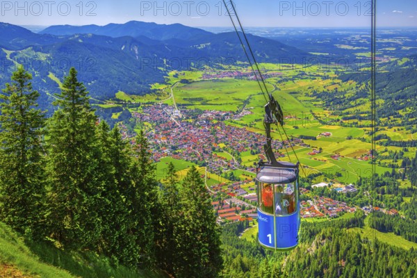 Laberberg cable car with view of the village, Oberammergau, Ammertal, Ammergebirge, Upper Bavaria, Bavaria, Germany