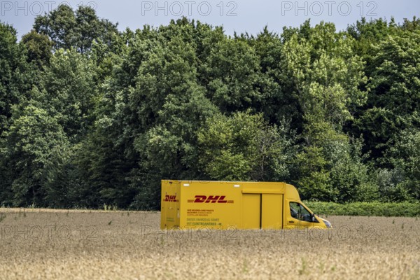 DHL parcel van, electric vehicle, on the way to a customer, rural, driving along a dirt track through a corn field, North Rhine-Westphalia, Germany