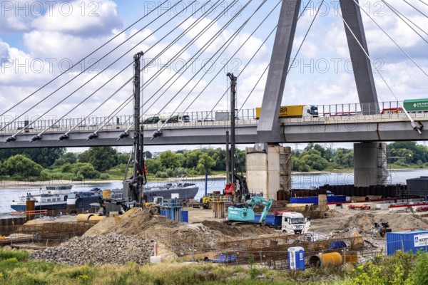 New construction of the second motorway bridge of the A1 over the Rhine near Leverkusen, after completion of the first bridge, the old one was demolished, the second part of the bridge, for a total of 8-lane expansion, new construction is currently underway at the same location, Leverkusen, North Rhine-Westphalia, Germany
