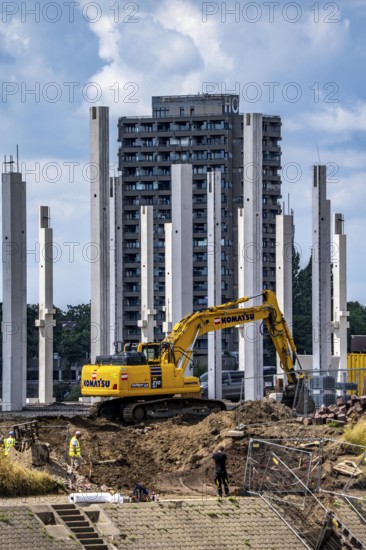 Construction of a new logistics hall on the Mercatroinsel, Hall 2, next to an existing hall, approx. 25, 000 square metres in size, in Duisburg-Ruhrort, shell construction, behind residential hotel tower in Duisburg Homberg, North Rhine-Westphalia, Germany
