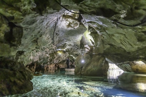 Excursion destination Wimsen Cave in the Swabian Alb. This tourist attraction is the only cave in Germany that can be accessed by boat. Origin of the Zwiefalter Ach. Hayingen, Baden-Württemberg, Germany