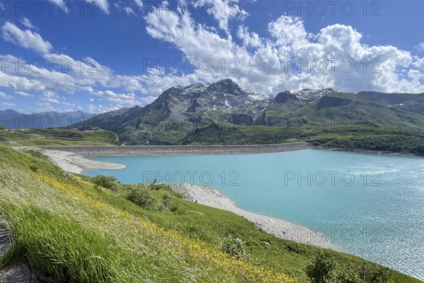 View of barrage dam with 1400 metre crest length in the eastern part southeast of Lac du Mont Cenis, Mont Cenis massif, Massif du Mont-Cenis, Graian Alps, Lanslebourg, Rhone-Alpes, France, built until 1969