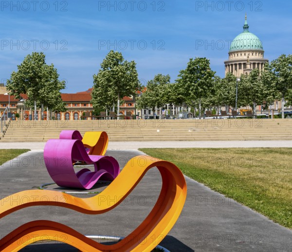 Modern seating elements in the Lustgarten, Potsdam, Brandenburg, Germany