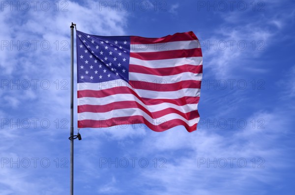 US flag, national flag USA, flies over National Guard memorial, memorial for US soldier Sgt. Frank D. Peregory, recipient of the Medal of Honour, Grandcamp-Maisy, D-Day, Operation Overlord, Normandy, Calvados, France
