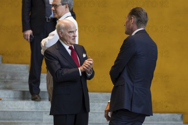 Henry Kravis (co-owner of investment company KKR) and Mathias Döpfner (CEO of Axel Springer SE) after the Made for Germany investment summit at the Federal Chancellery. The investment summit aims to strengthen Germany as a business location, with representatives from a total of 61 German companies meeting with Chancellor Merz. Berlin, 21 July 2025