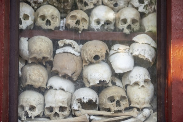 Shrine with human skull, memorial to the victims of the Khmer Rouge regime, Wat Thmei, Siem Reap, Cambodia