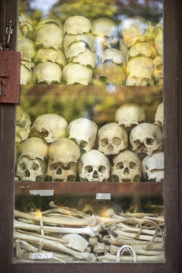 Shrine with human skull, memorial to the victims of the Khmer Rouge regime, Wat Thmei, Siem Reap, Cambodia