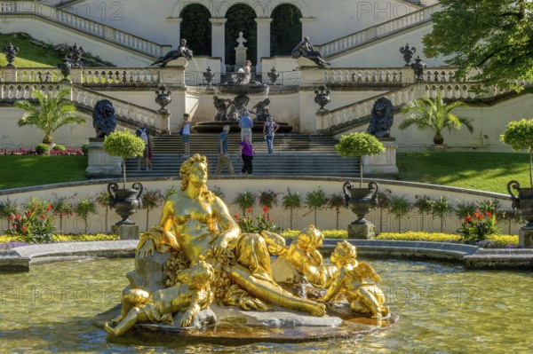 Basin, water basin with flora fountain in gold, palace park of Linderhof Palace, Neo Rococo, UNESCO World Heritage Site, Ettal, Unterammergau, Garmisch-Partenkirchen, Upper Bavaria, Bavaria, Germany
