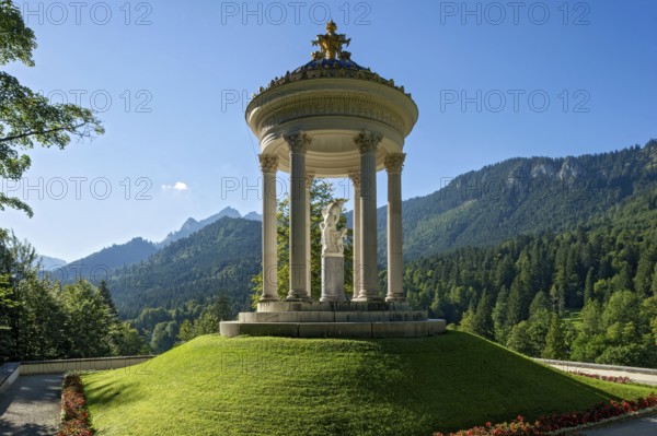Statue of Venus with Cupid in the Temple of Venus above the terraced gardens, blue sky, park of Linderhof Castle, UNESCO World Heritage Site, Ammergau Alps, Ettal, Unterammergau, Garmisch-Partenkirchen, Upper Bavaria, Bavaria, Germany