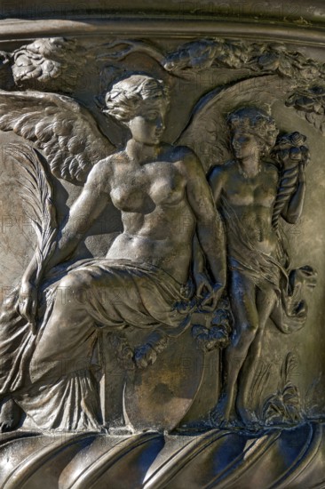 Mythological depiction, relief on a vase, ornamental ceramic vessel in Rococo style, west parterre, palace park of Linderhof Palace, UNESCO World Heritage Site, Ettal, Unterammergau, Garmisch-Partenkirchen, Upper Bavaria, Bavaria, Germany