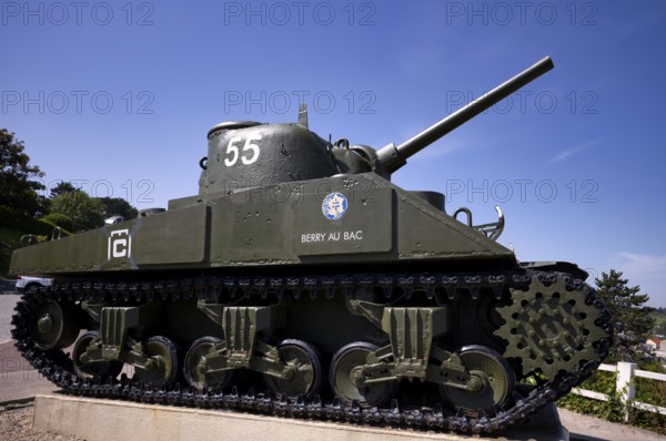 US-American Sherman tank Berry au Bac, emblem of the French liberation army, standing on the former casemate of a German resistance nest, D-Day, Operation Overlord, Arromanches-les-Bains, Normandy, Calvados, France