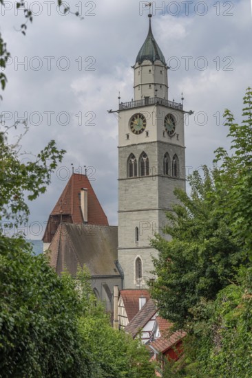 Tower of Überlingen Minster, St Nicholas, built in 1350 and 1576 in the late Gothic style, Überlingen, Baden-Württemberg, Germany