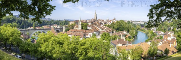 Bern City on the River Aare Panorama Old Town with Bern Minster Church in Bern, Switzerland