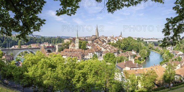 Bern City on the River Aare Old Town with Church Bern Cathedral Panorama in Bern, Switzerland