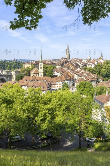 Bern City on the River Aare Old Town with Bern Minster Church in Bern, Switzerland