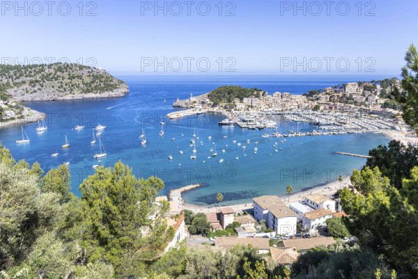 Port de Soller on Majorca from above holiday by the sea beach harbour with boats trip in Port de Sóller, Spain